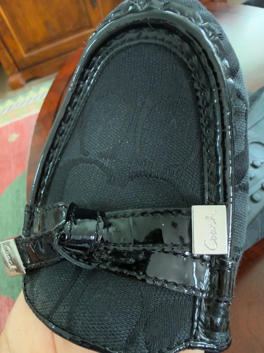 Coach Frida Women’s 8.5 B Black Signature Jacquard Patent Leather Loafers